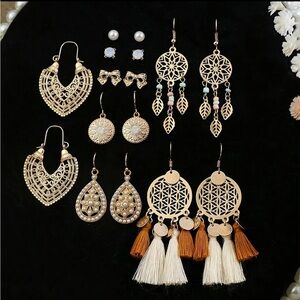8 Pairs Boho Gold Embellished Drop Earrings Set